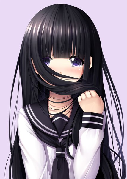 Anime picture 712x1000 with original toshi (1-147) single long hair tall image looking at viewer blush fringe blue eyes black hair simple background payot upper body blunt bangs long sleeves covered mouth girl uniform serafuku necktie