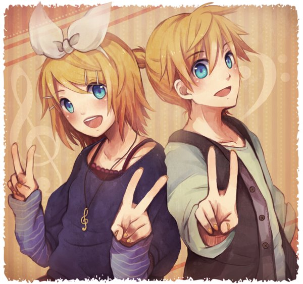 Anime picture 1428x1340 with vocaloid kagamine rin kagamine len chizu (sweet*cheese) looking at viewer blush short hair open mouth blue eyes blonde hair border victory brown background casual treble clef girl boy hair ornament bow hair bow