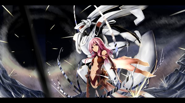 Anime picture 4480x2507 with guilty crown production i.g yuzuriha inori aailyah long hair highres light erotic red eyes wide image pink hair absurdres letterboxed center opening girl thighhighs navel black thighhighs bodysuit mecha