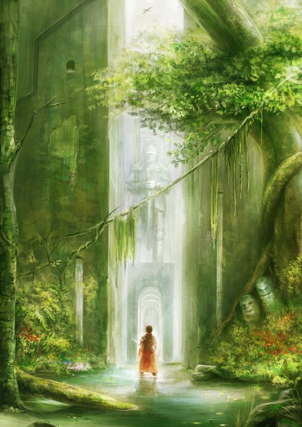Anime picture 1240x1753 with occult soda single tall image brown hair back landscape fantasy weapon plant (plants) sword tree (trees) water statue