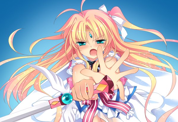 Anime picture 1370x942 with futsuno fantasy long hair blush open mouth blue eyes blonde hair game cg girl dress bow weapon hair bow sword