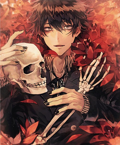 Anime picture 873x1048 with original ailm single tall image looking at viewer fringe short hair black hair lying nail polish parted lips from above black eyes black nail polish skeleton boy flower (flowers)