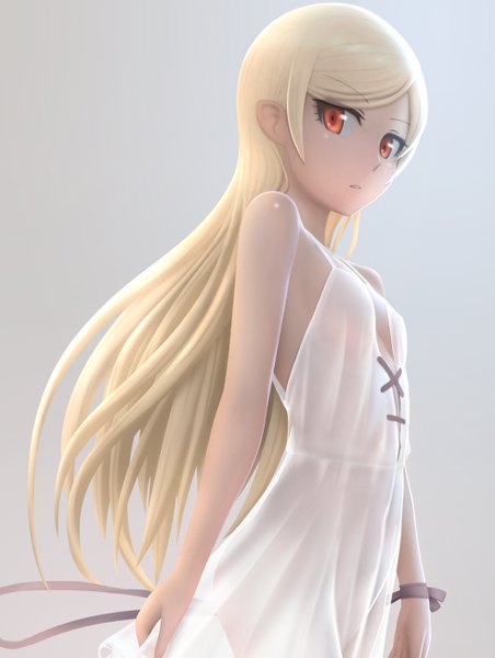 Anime picture 980x1300 with bakemonogatari kizumonogatari shaft (studio) monogatari (series) oshino shinobu siraha single long hair tall image looking at viewer light erotic simple background blonde hair red eyes bare shoulders grey background no bra see-through silhouette girl ribbon (ribbons)