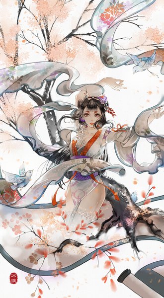 Anime picture 1375x2500 with onmyoji kachou fuugetsu (onmyoji) bingxiaojian single long hair tall image looking at viewer breasts black hair red eyes large breasts absurdres traditional clothes wind arms up cherry blossoms floral print girl thighhighs hair ornament