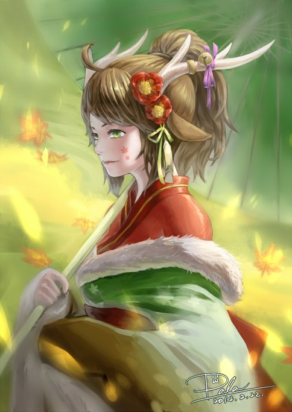 Anime picture 800x1127 with puzzle & dragons kano (p&d) scotishfold single long hair tall image brown hair holding green eyes animal ears outdoors ponytail traditional clothes japanese clothes hair flower horn (horns) facial mark looking down antlers deer ears