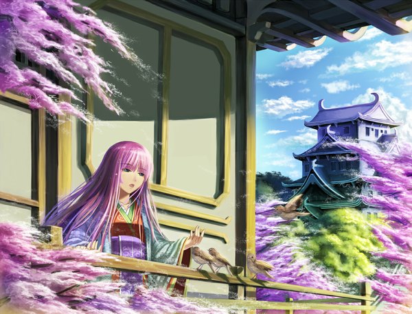 Anime picture 1100x839 with kozuki long hair open mouth blue eyes purple hair japanese clothes cherry blossoms singing girl animal bird (birds) japanese house