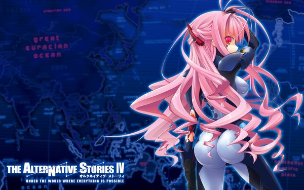 Anime picture 1920x1200 with muv-luv single long hair highres light erotic red eyes wide image pink hair ass from behind girl
