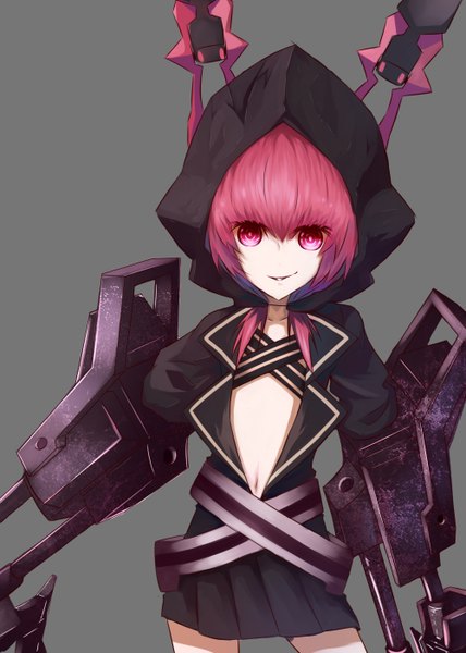 Anime picture 1000x1400 with black rock shooter nana gray single tall image looking at viewer short hair open mouth smile pink hair pink eyes mechanical parts girl hood