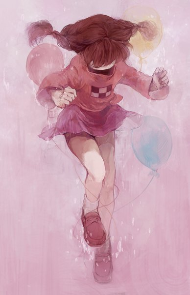 Anime picture 1100x1700 with yume nikki madotsuki met-tha single long hair tall image brown hair braid (braids) twin braids jumping girl skirt miniskirt socks shoes white socks sweater balloon