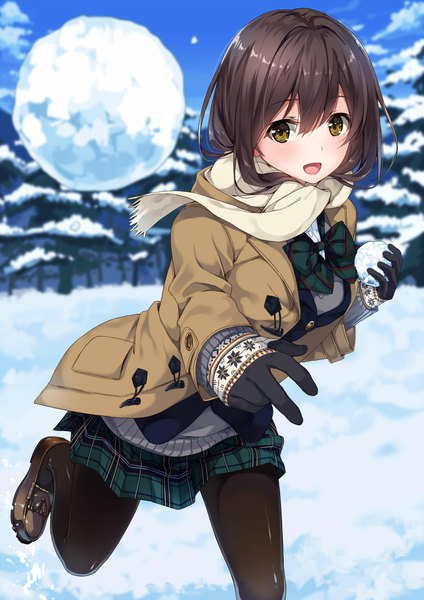 Anime picture 1413x2000 with original unasaka ryou single long hair tall image blush fringe open mouth smile hair between eyes brown hair standing holding brown eyes sky bent knee (knees) outdoors :d pleated skirt blurry