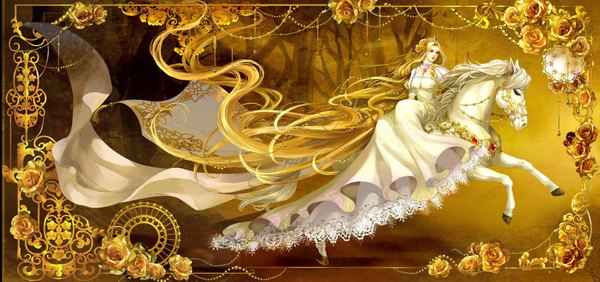 Anime picture 2129x1001 with red (pixiv) long hair highres blonde hair red eyes wide image very long hair hair flower framed girl dress hair ornament flower (flowers) animal rose (roses) jewelry crown beads horse