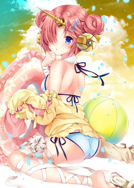 Anime picture 700x979 with fate (series) fate/grand order fate/apocrypha frankenstein's monster (fate) frankenstein's monster (swimsuit saber) (fate) nogi takayoshi single tall image blush fringe short hair open mouth blue eyes light erotic sitting bare shoulders pink hair sky cloud (clouds) ass