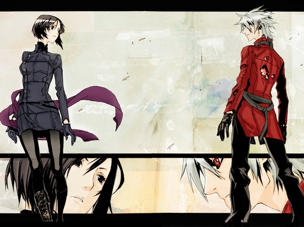 Anime picture 1280x958 with dogs: bullets & carnage david production haine rammsteiner fuyumine naoto miwa shirow short hair black hair red eyes white hair black eyes official art girl boy jacket cloak