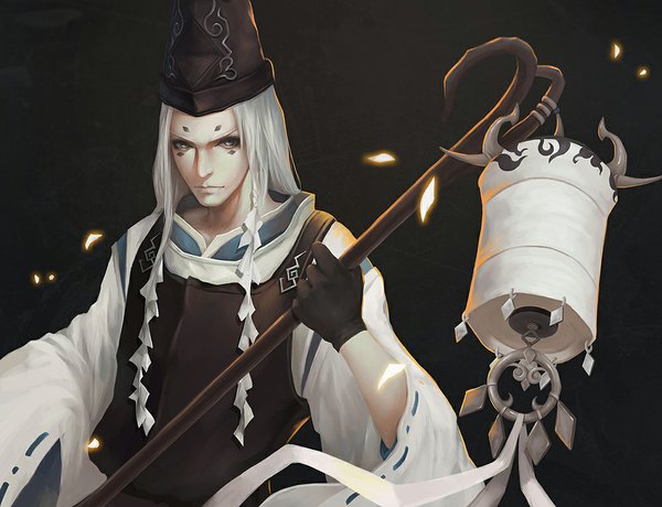 Anime picture 1000x768 with ryu (pixiv 6630104) single long hair simple background silver hair traditional clothes grey eyes glowing black background face paint boy gloves headdress lantern
