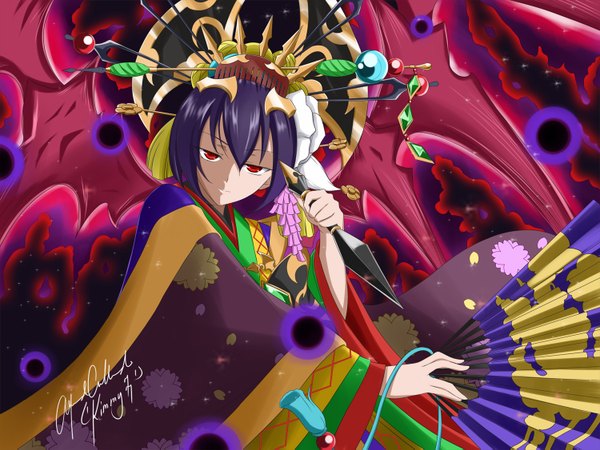 Anime picture 1500x1125 with brave frontier (game) kikuri 7star kimmy77 single short hair red eyes purple hair traditional clothes japanese clothes girl hair ornament weapon wings kimono fan hairpin (hairpins) kunai