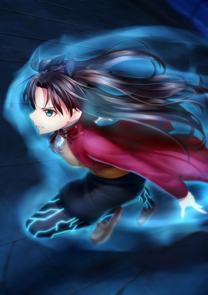 Anime picture 707x1000 with fate (series) fate/stay night type-moon toosaka rin kai (link2262) single long hair tall image blue eyes black hair glowing girl skirt bow hair bow shoes