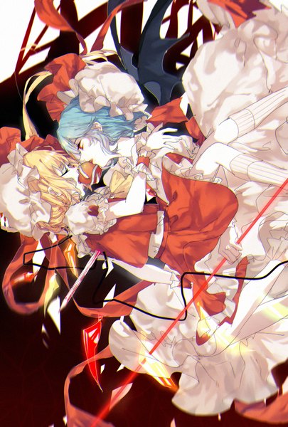 Anime picture 1181x1748 with touhou flandre scarlet remilia scarlet tian (my dear) tall image short hair open mouth blonde hair red eyes multiple girls blue hair eyes closed profile hug siblings sisters girl skirt 2 girls animal