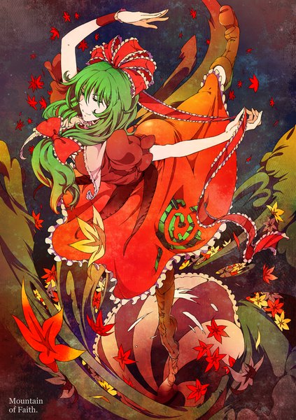 Anime picture 1200x1700 with touhou kagiyama hina ichizen (o tori) single long hair tall image smile eyes closed green hair girl dress bow hair bow leaf (leaves)