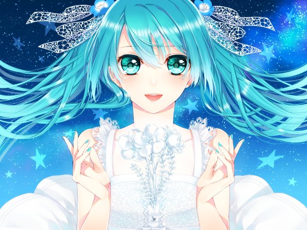 Anime picture 3072x2304 with vocaloid hatsune miku mizuki seiya single looking at viewer highres open mouth twintails absurdres very long hair hair flower aqua eyes aqua hair girl dress hair ornament flower (flowers) star (symbol) star (stars)