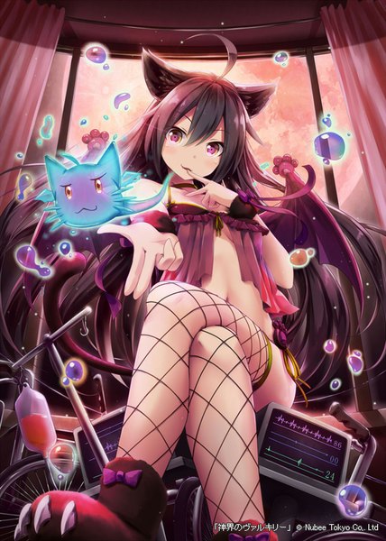 Anime picture 571x800 with shinkai no valkyrie catagion (shinkai no valkyrie) akkijin tall image light erotic black hair sitting animal ears ahoge pink eyes teeth fang (fangs) crossed legs outstretched arm finger to mouth girl thighhighs navel underwear panties