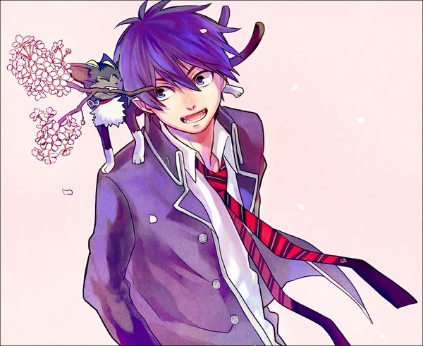 Anime picture 1027x842 with ao no exorcist a-1 pictures okumura rin kuro (ao no exorcist) short hair open mouth blue eyes simple background white background blue hair pointy ears teeth fang (fangs) open collar sharp teeth demon animal on shoulder boy uniform school uniform