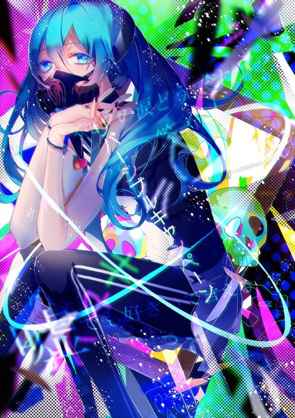 Anime picture 1447x2046 with vocaloid reversible campaign hatsune miku ume neko (otaku-nyanko) single long hair tall image looking at viewer blue eyes sitting nail polish fingernails aqua hair alternate costume text hands clasped knees touching abstract girl skirt