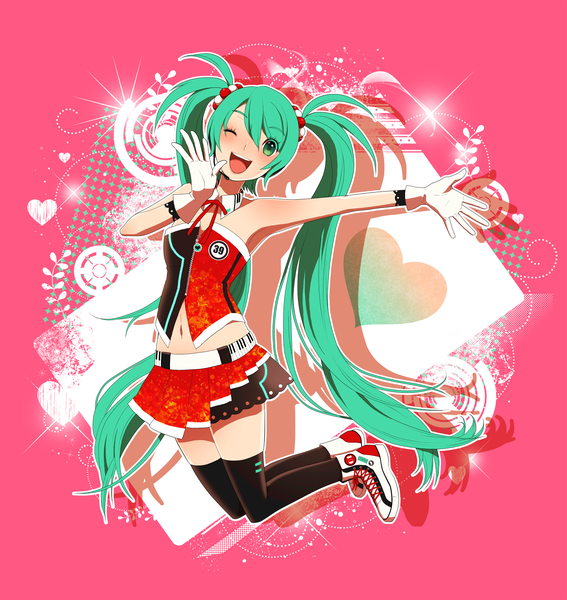 Anime picture 2081x2200 with vocaloid hatsune miku cola miku umino single tall image blush highres open mouth twintails very long hair one eye closed aqua eyes wink aqua hair midriff girl thighhighs gloves navel