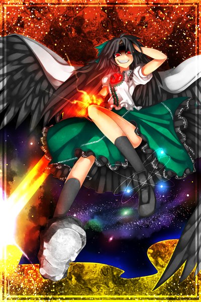 Anime picture 1200x1800 with touhou reiuji utsuho kazetto (kazetsuto) single long hair tall image black hair red eyes grin magic framed starry sky print arm cannon space print girl bow weapon hair bow wings fire