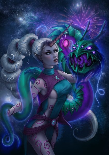 Anime picture 1200x1706 with league of legends soraka (league of legends) kog'maw (league of legends) enchantress-lele tall image blush silver hair very long hair horn (horns) lips silver eyes girl earrings monster