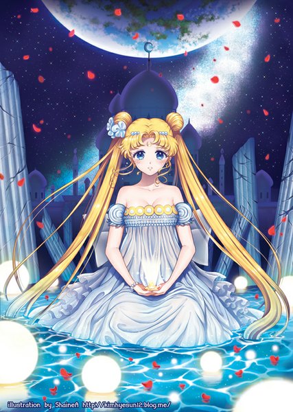 Anime picture 650x914 with bishoujo senshi sailor moon toei animation tsukino usagi princess serenity shainea single tall image looking at viewer blush fringe breasts blue eyes blonde hair sitting twintails bare shoulders holding signed blue hair very long hair