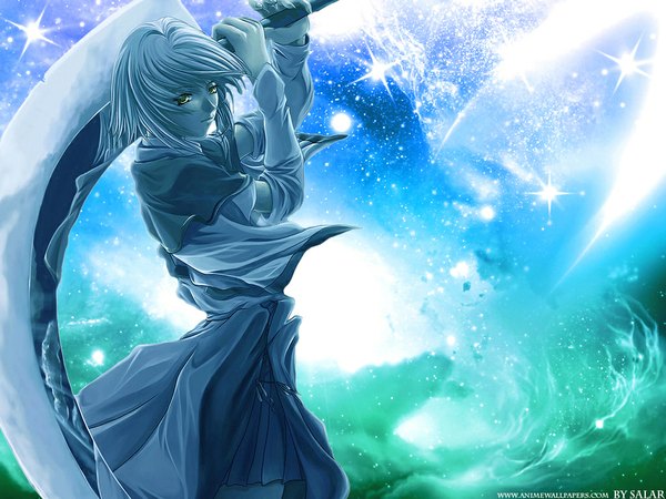Anime picture 1024x768 with yellow eyes white hair wallpaper sword tagme