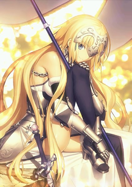 Anime picture 600x848 with fate (series) fate/apocrypha type-moon jeanne d'arc (fate) (all) jeanne d'arc (fate) takeuchi takashi single long hair tall image looking at viewer blue eyes blonde hair smile sitting bare shoulders bent knee (knees) high heels zettai ryouiki covering hand on knee