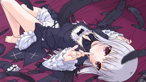 Anime picture 1920x1080 with rozen maiden suigintou k10k single long hair looking at viewer blush highres red eyes wide image white hair lying legs finger to mouth girl dress wings feather (feathers)