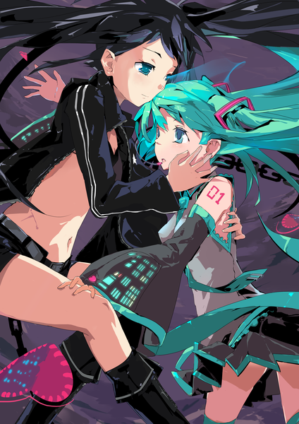 Anime picture 2480x3508 with black rock shooter vocaloid hatsune miku black rock shooter (character) el-zheng tall image highres black hair twintails multiple girls absurdres very long hair aqua eyes aqua hair hug glowing glowing eye (eyes) crossover girl navel