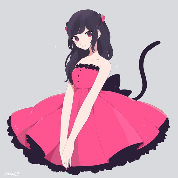 Anime picture 1011x1011 with original maco22 single long hair looking at viewer blush fringe black hair simple background red eyes bare shoulders signed animal ears payot tail nail polish head tilt animal tail hair flower fingernails