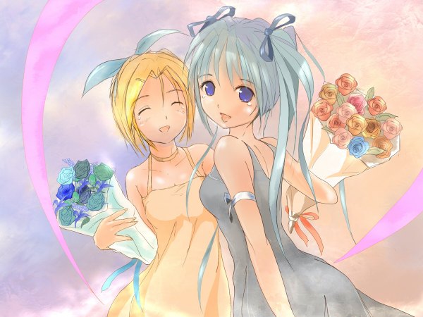 Anime picture 1200x900 with vocaloid hatsune miku kagamine rin h016 long hair looking at viewer short hair open mouth blue eyes smile twintails bare shoulders multiple girls blue hair eyes closed looking back ^ ^ halterneck girl dress