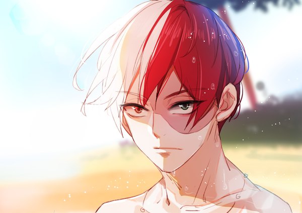 Anime picture 1448x1024 with boku no hero academia studio bones todoroki shouto kitsune (pixiv5601263) single short hair looking away white hair red hair multicolored hair two-tone hair wet heterochromia beach scar face boy