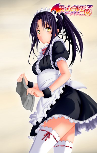 Anime picture 831x1300 with toloveru toloveru darkness xebec kujou rin ulquiorra90 single long hair tall image blush simple background yellow eyes purple hair ponytail maid girl thighhighs white thighhighs headdress maid headdress