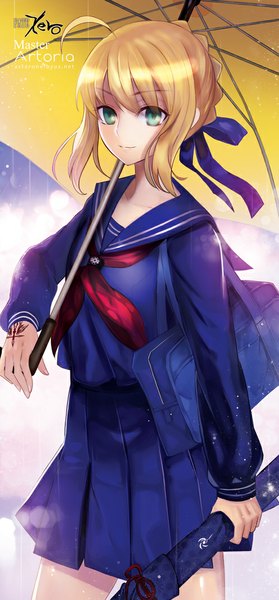 Anime picture 500x1074 with fate (series) fate/stay night type-moon artoria pendragon (all) saber astarone single tall image looking at viewer fringe short hair blonde hair smile green eyes ahoge tattoo copyright name girl uniform ribbon (ribbons)