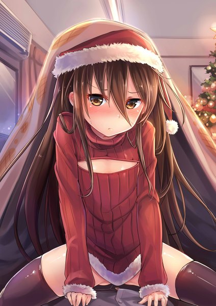 Anime picture 1116x1579 with shakugan no shana j.c. staff shana ks long hair tall image blush light erotic brown hair sitting brown eyes embarrassed fur trim christmas bottomless sitting on person girl thighhighs black thighhighs hat