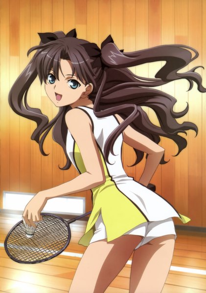 Anime picture 3284x4680 with fate (series) fate/stay night studio deen type-moon toosaka rin single tall image highres blue eyes light erotic black hair twintails absurdres playing sports tennis girl