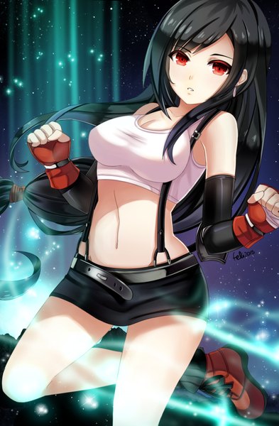 Anime picture 1257x1920 with final fantasy final fantasy vii square enix tifa lockhart felipone single long hair tall image looking at viewer fringe breasts black hair red eyes large breasts standing bare shoulders signed cleavage bent knee (knees) night