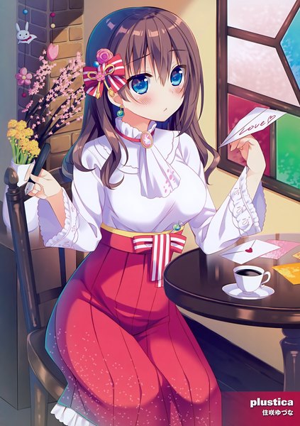 Anime picture 2470x3500 with original sumisaki yuzuna single long hair tall image blush fringe highres breasts blue eyes hair between eyes brown hair sitting holding payot looking away indoors long sleeves hair flower from above