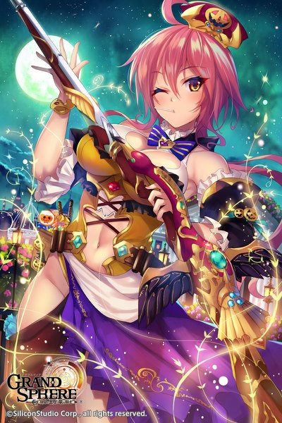 Anime picture 800x1200 with grand sphere fukai ryosuke single long hair tall image looking at viewer blush fringe breasts light erotic hair between eyes large breasts standing bare shoulders yellow eyes pink hair sky ahoge one eye closed night