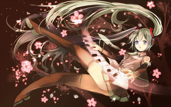 Anime picture 1480x934 with vocaloid hatsune miku aaru single long hair looking at viewer fringe open mouth blue eyes twintails pleated skirt aqua hair tattoo cherry blossoms girl skirt flower (flowers) plant (plants) detached sleeves tree (trees)