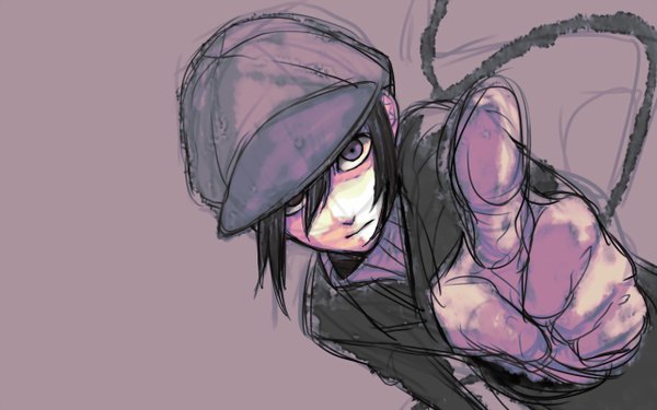 Anime picture 1280x800 with nabari no ou j.c. staff yoite kamatani yuuki single short hair black hair wide image pointing boy sweater coat flat cap