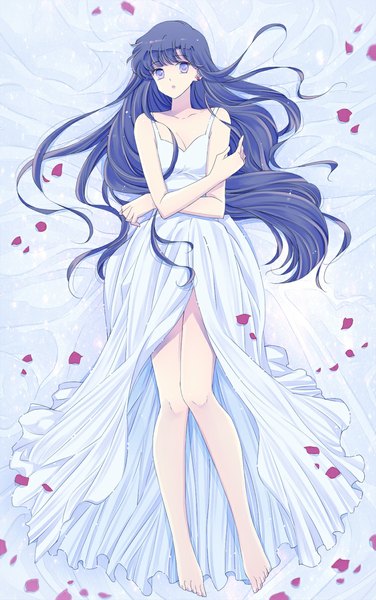 Anime picture 746x1188 with bishoujo senshi sailor moon toei animation hino rei saki (hxaxcxk) single long hair tall image fringe black hair purple eyes bare shoulders looking away lying barefoot girl dress petals white dress