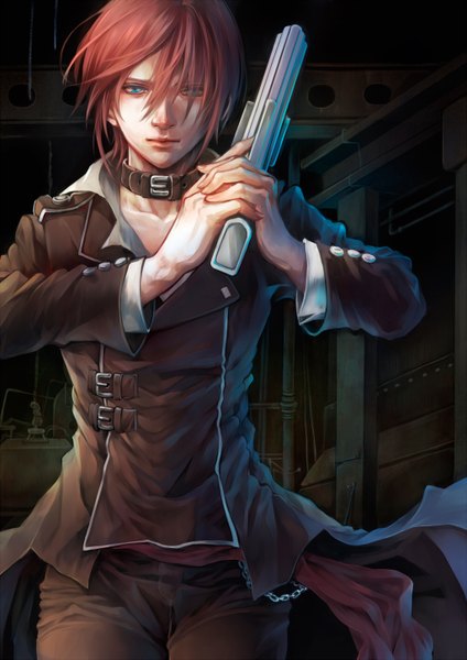 Anime picture 1024x1448 with original senano-yu single tall image short hair blue eyes red hair realistic boy weapon jacket gun pants collar pistol