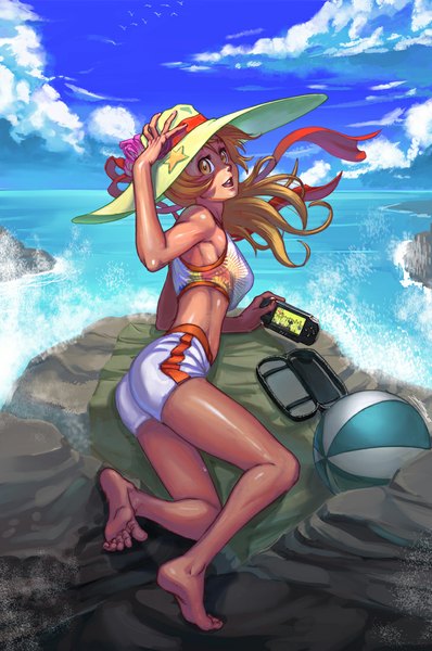 Anime picture 730x1100 with brolo single long hair tall image blonde hair smile yellow eyes girl hat shorts ball beachball white shorts psp