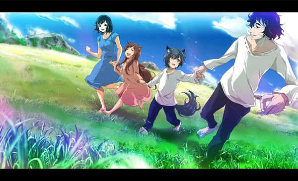 Anime picture 1150x700 with ookami kodomo no ame to yuki hana (ookami kodomo) yuki (ookami kodomo) ame (ookami kodomo) ookami otoko (ookami kodomo) 71 long hair blush short hair open mouth black hair smile brown hair wide image brown eyes looking away sky cloud (clouds) eyes closed barefoot